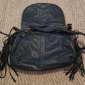 Hyde Collection Black Leather Fringe Star Studded  Shoulder Bag